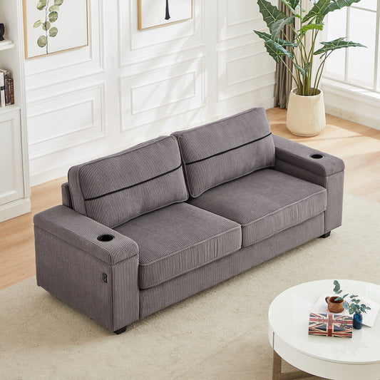 Grey Modern 86.5 Corduroy 3-seater Sofa with Two Storage Spaces and USB Charging Ports and 2 Cup Holders