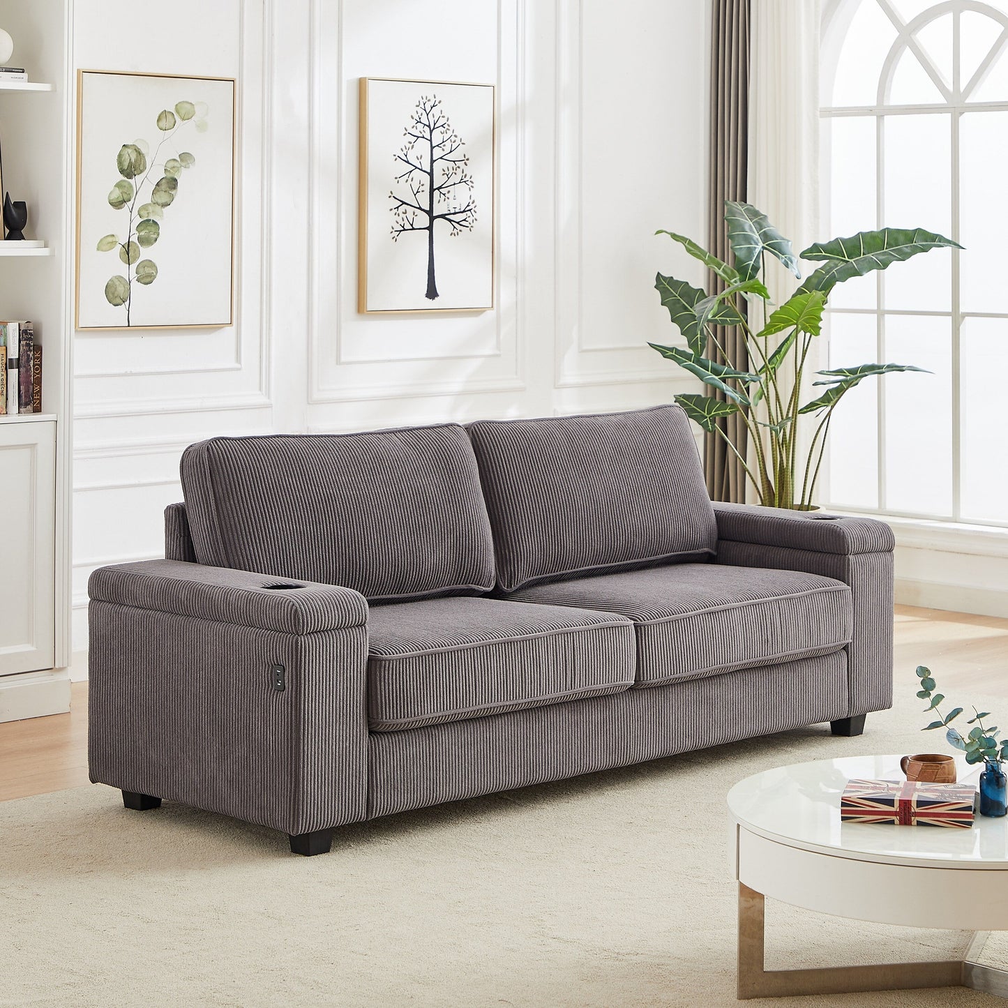 Grey Modern 86.5 Corduroy 3-seater Sofa with Two Storage Spaces and USB Charging Ports and 2 Cup Holders
