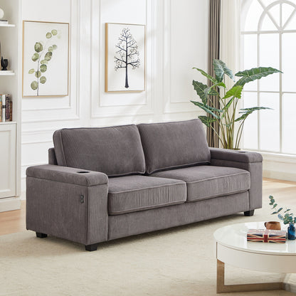 Grey Modern 86.5 Corduroy 3-seater Sofa with Two Storage Spaces and USB Charging Ports and 2 Cup Holders
