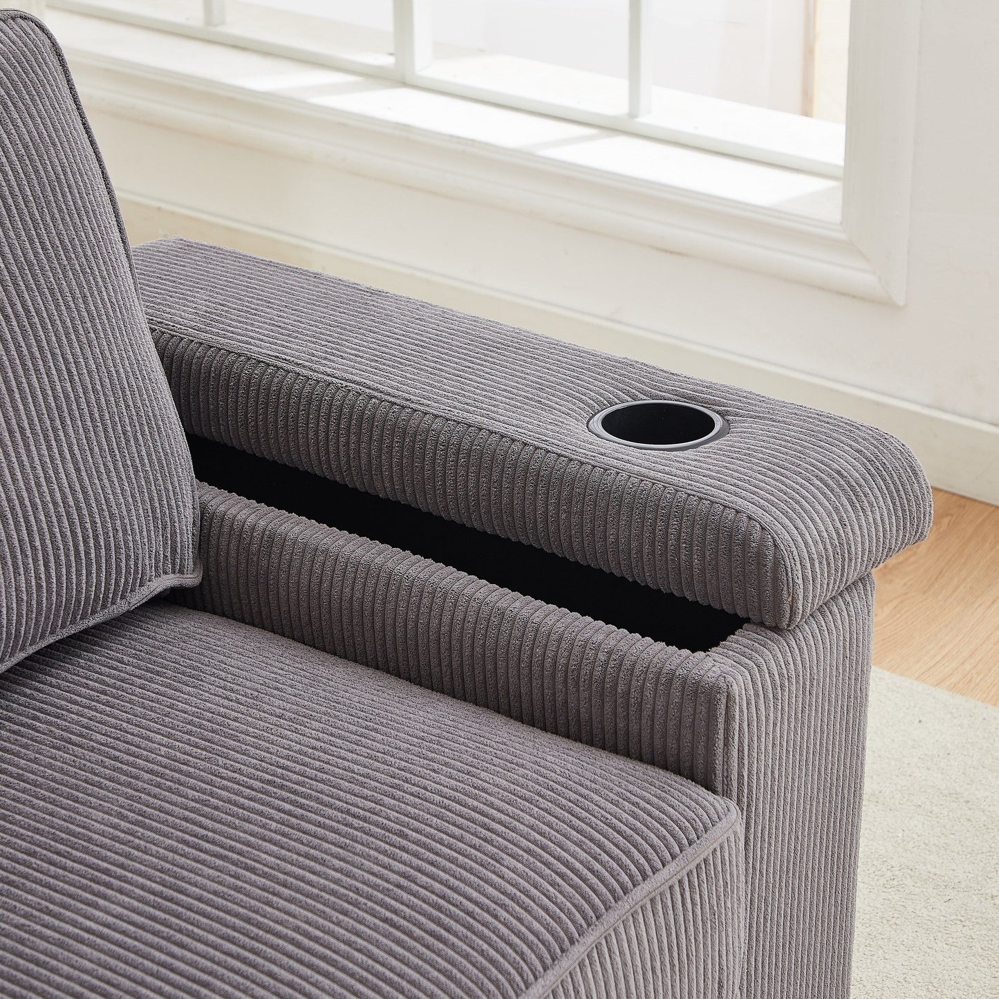 Grey Modern 86.5 Corduroy 3-seater Sofa with Two Storage Spaces and USB Charging Ports and 2 Cup Holders
