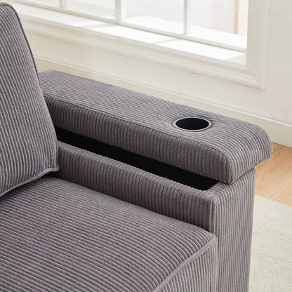 Grey Modern 86.5 Corduroy 3-seater Sofa with Two Storage Spaces and USB Charging Ports and 2 Cup Holders