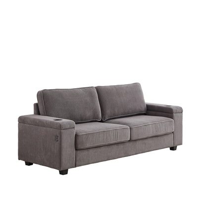Grey Modern 86.5 Corduroy 3-seater Sofa with Two Storage Spaces and USB Charging Ports and 2 Cup Holders