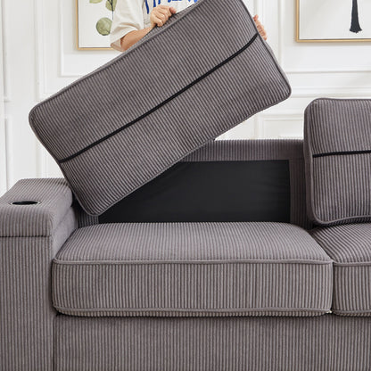 Grey Modern 86.5 Corduroy 3-seater Sofa with Two Storage Spaces and USB Charging Ports and 2 Cup Holders