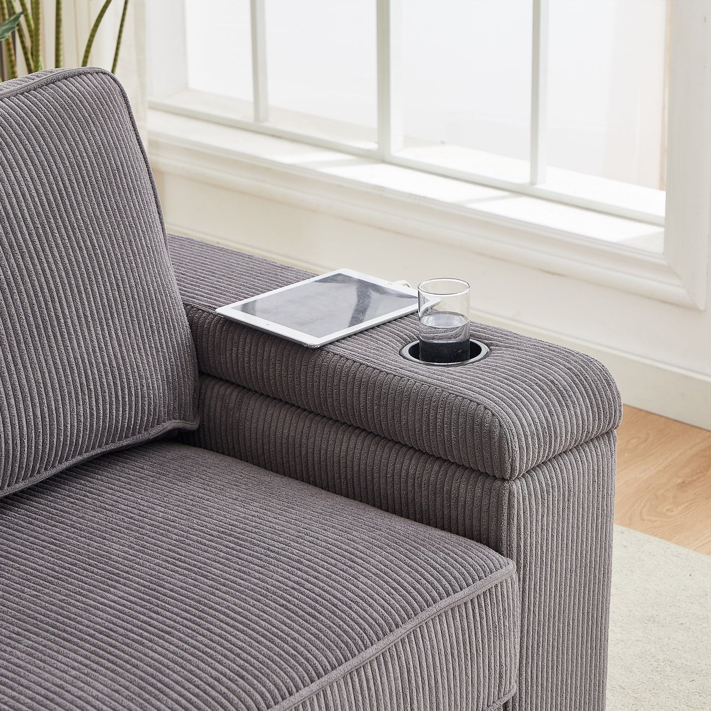 Grey Modern 86.5 Corduroy 3-seater Sofa with Two Storage Spaces and USB Charging Ports and 2 Cup Holders