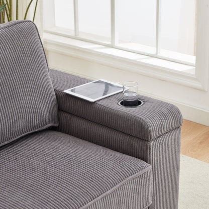 Grey Modern 86.5 Corduroy 3-seater Sofa with Two Storage Spaces and USB Charging Ports and 2 Cup Holders