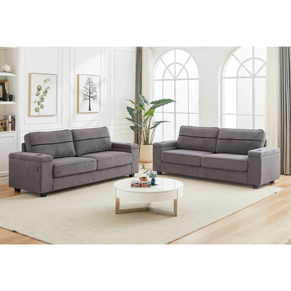 Grey Modern 86.5 Corduroy 3-seater Sofa with Two Storage Spaces and USB Charging Ports and 2 Cup Holders
