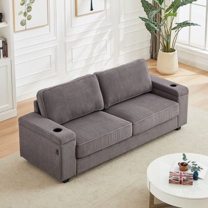 Grey Modern 86.5 Corduroy 3-seater Sofa with Two Storage Spaces and USB Charging Ports and 2 Cup Holders
