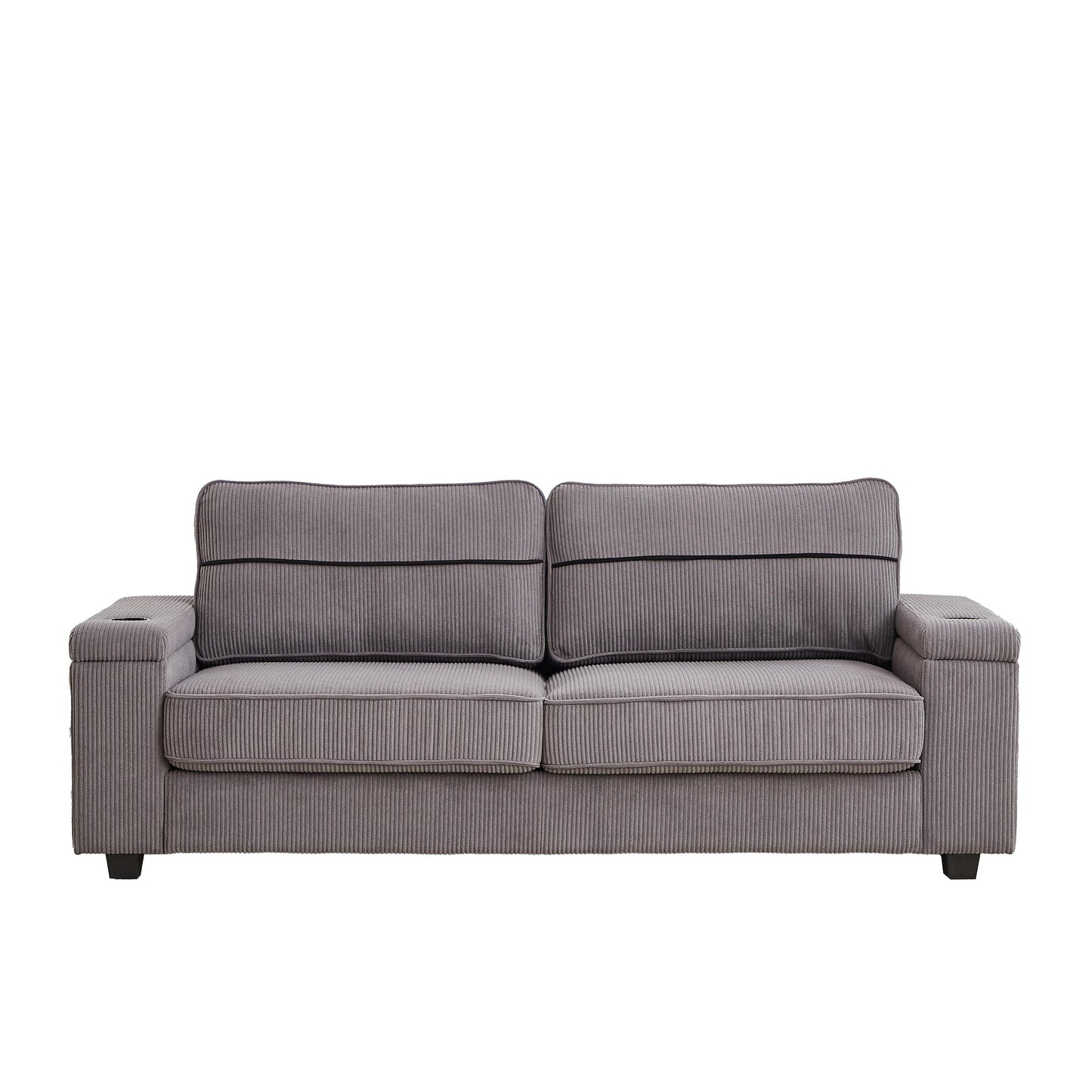 Grey Modern 86.5 Corduroy 3-seater Sofa with Two Storage Spaces and USB Charging Ports and 2 Cup Holders