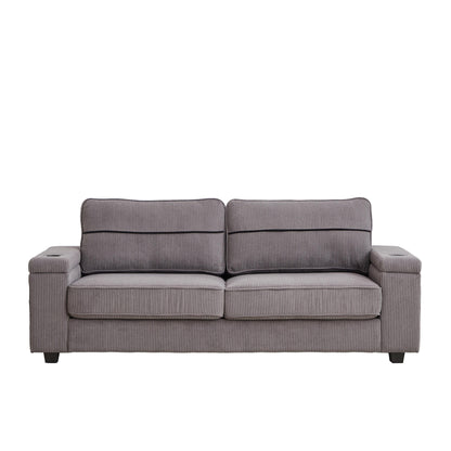 Grey Modern 86.5 Corduroy 3-seater Sofa with Two Storage Spaces and USB Charging Ports and 2 Cup Holders