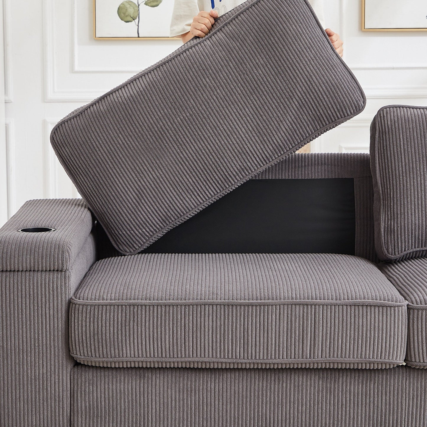 Grey Modern 86.5 Corduroy 3-seater Sofa with Two Storage Spaces and USB Charging Ports and 2 Cup Holders