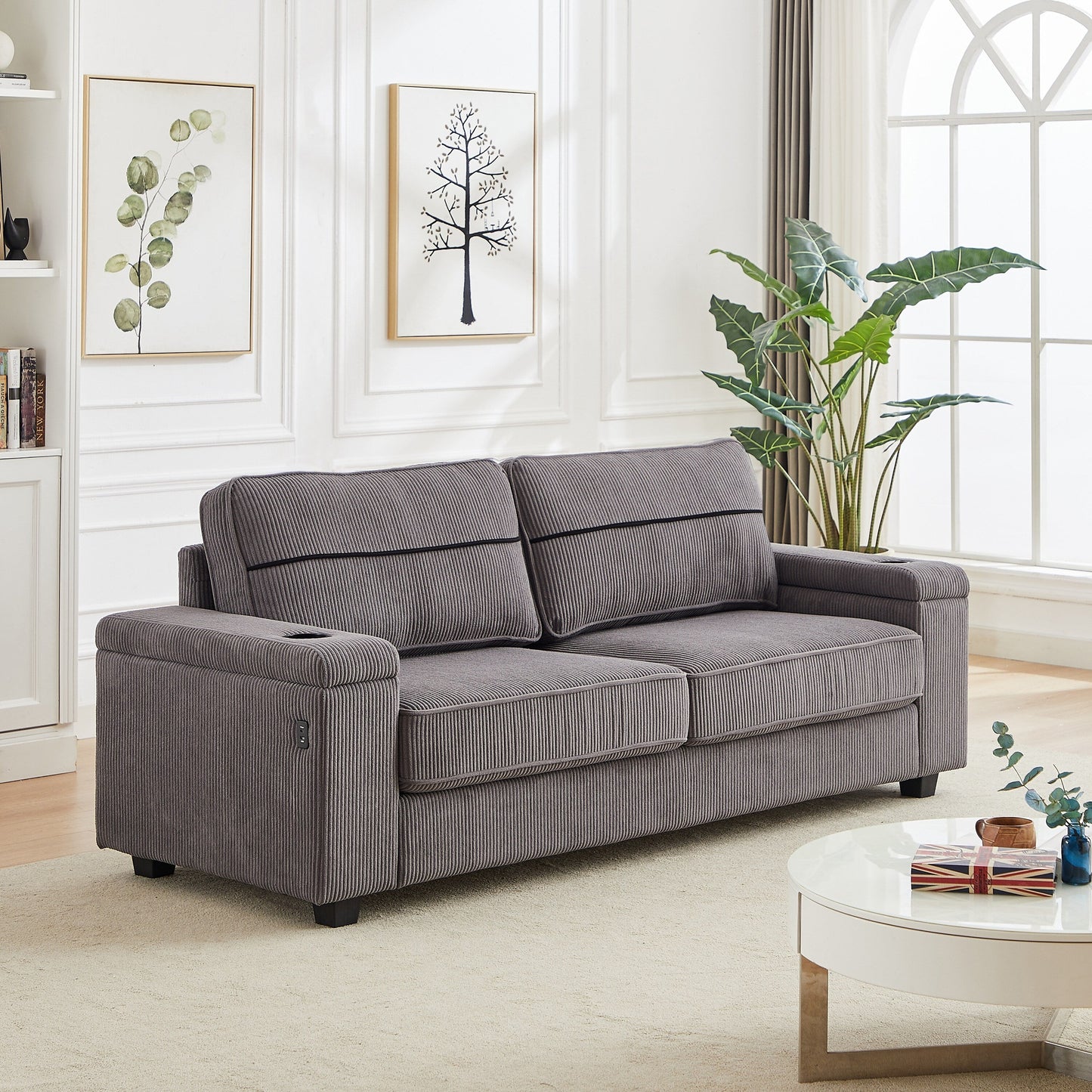 Grey Modern 86.5 Corduroy 3-seater Sofa with Two Storage Spaces and USB Charging Ports and 2 Cup Holders
