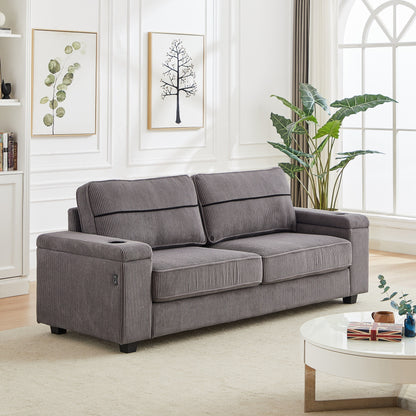 Grey Modern 86.5 Corduroy 3-seater Sofa with Two Storage Spaces and USB Charging Ports and 2 Cup Holders