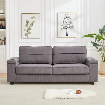 Grey Modern 86.5 Corduroy 3-seater Sofa with Two Storage Spaces and USB Charging Ports and 2 Cup Holders