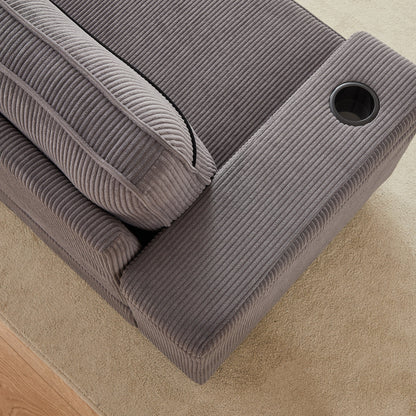 Grey Modern 86.5 Corduroy 3-seater Sofa with Two Storage Spaces and USB Charging Ports and 2 Cup Holders