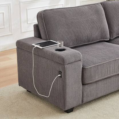 Grey Modern 86.5 Corduroy 3-seater Sofa with Two Storage Spaces and USB Charging Ports and 2 Cup Holders