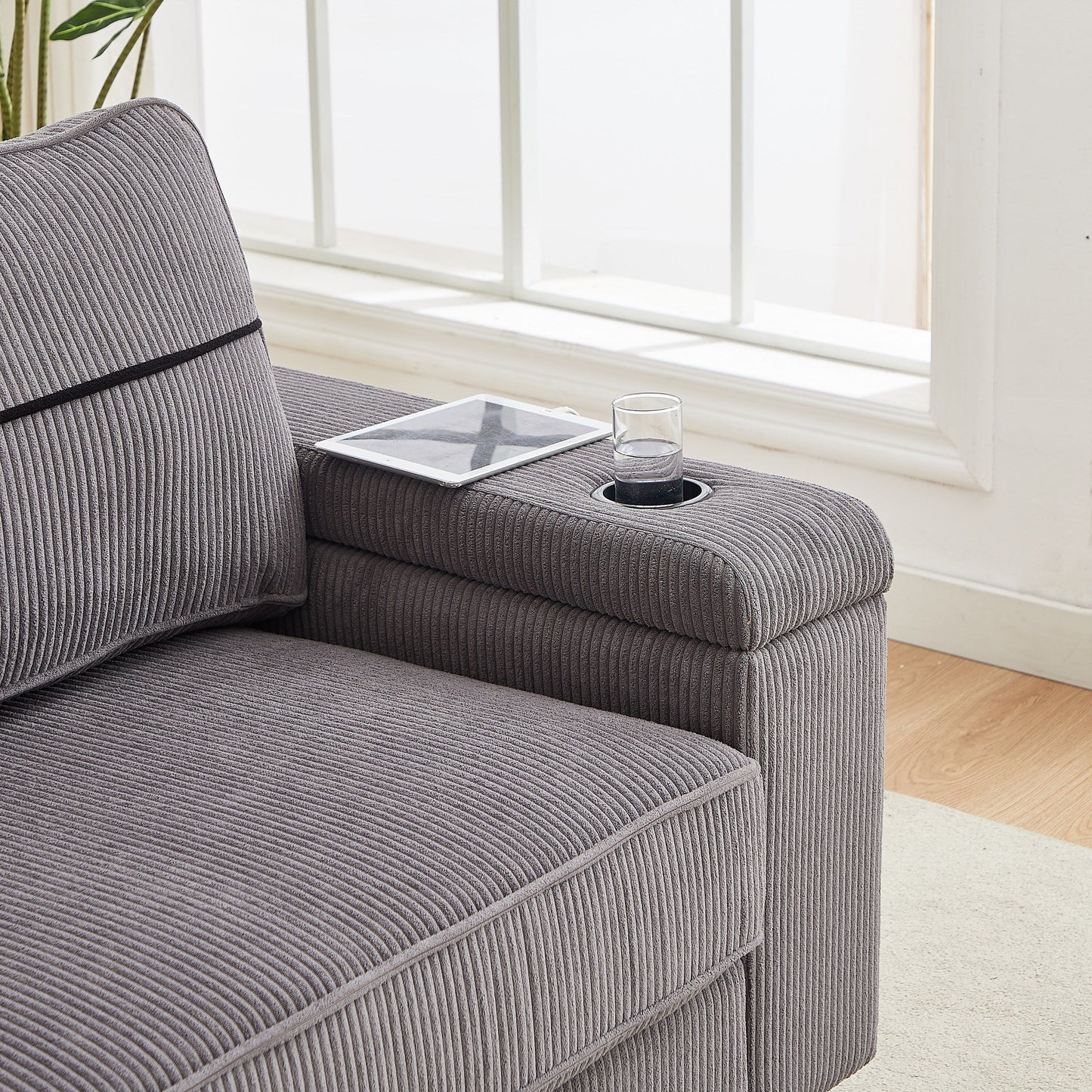 Grey Modern 86.5 Corduroy 3-seater Sofa with Two Storage Spaces and USB Charging Ports and 2 Cup Holders