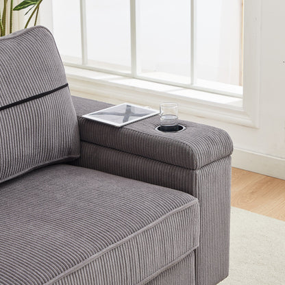 Grey Modern 86.5 Corduroy 3-seater Sofa with Two Storage Spaces and USB Charging Ports and 2 Cup Holders