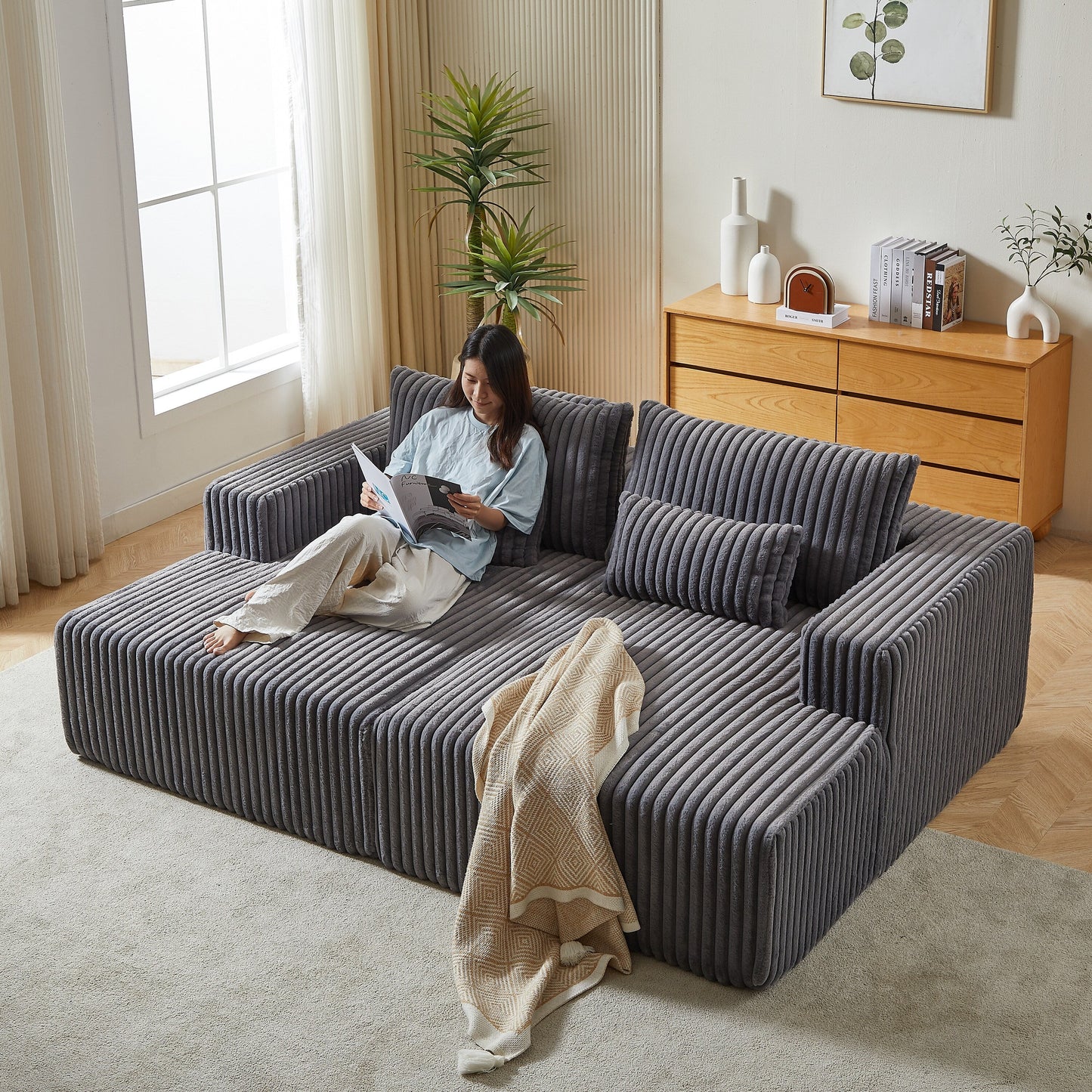 Grey Modern 87 Cloud Plush Loveseat Sectional Lounge Sleeper Chaise Sofa with Pillows for Living Room