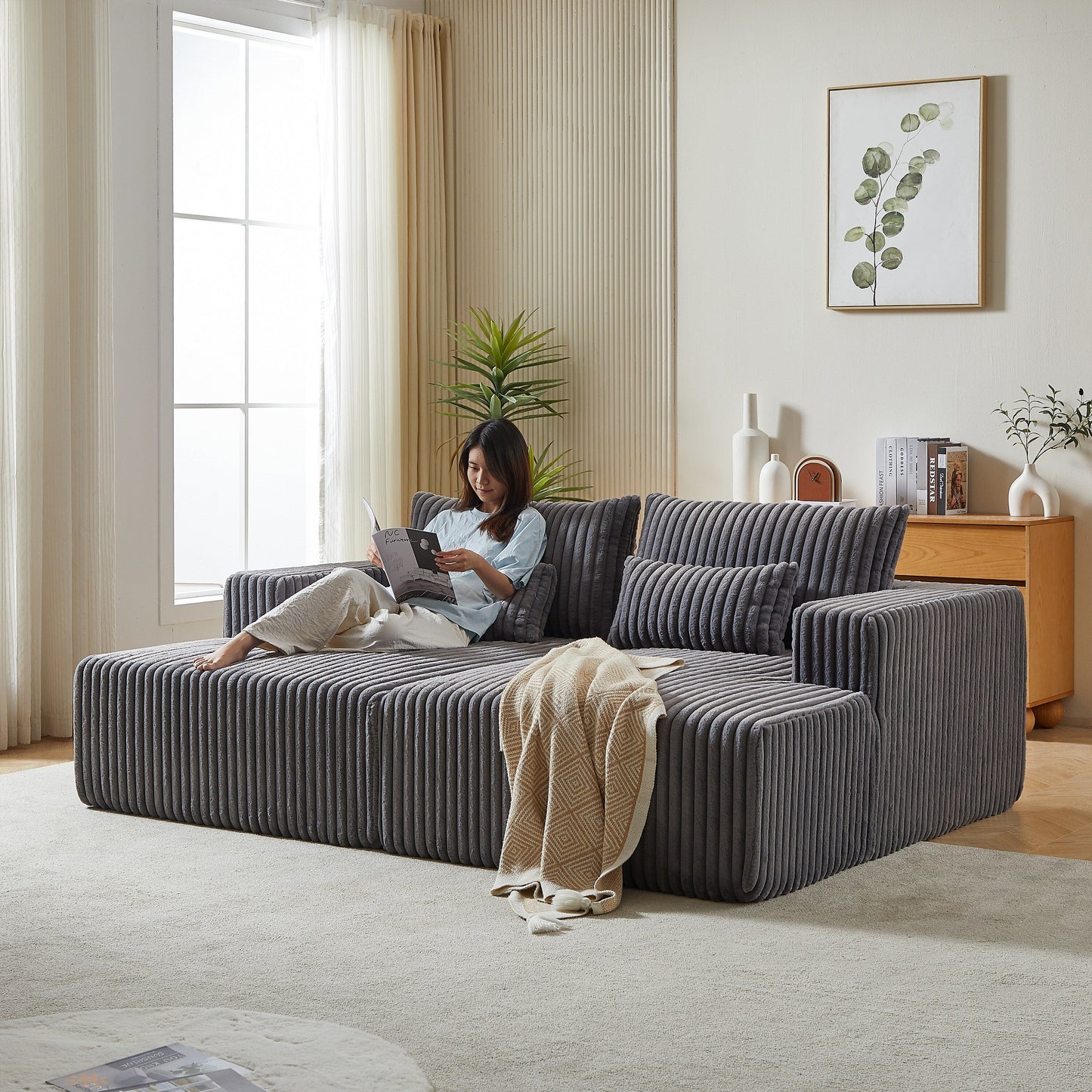 Grey Modern 87 Cloud Plush Loveseat Sectional Lounge Sleeper Chaise Sofa with Pillows for Living Room