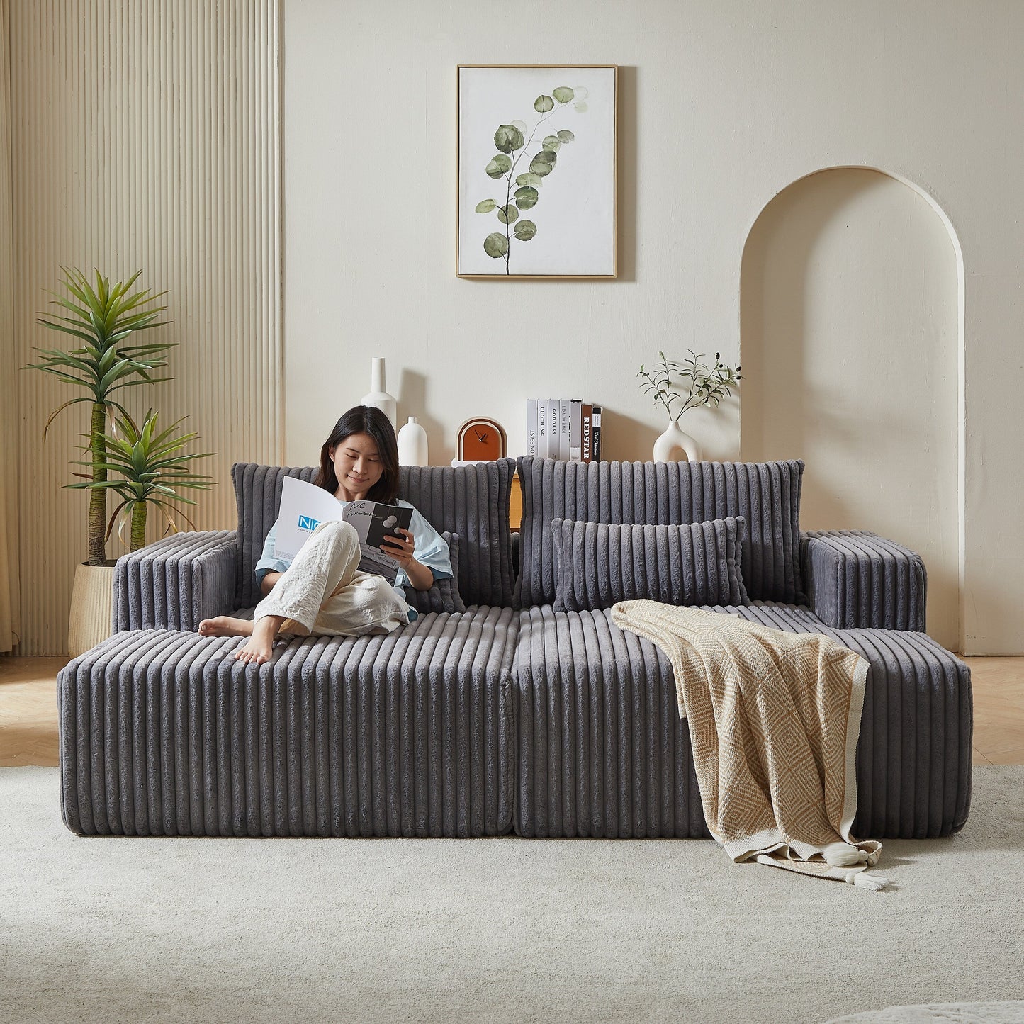 Grey Modern 87 Cloud Plush Loveseat Sectional Lounge Sleeper Chaise Sofa with Pillows for Living Room