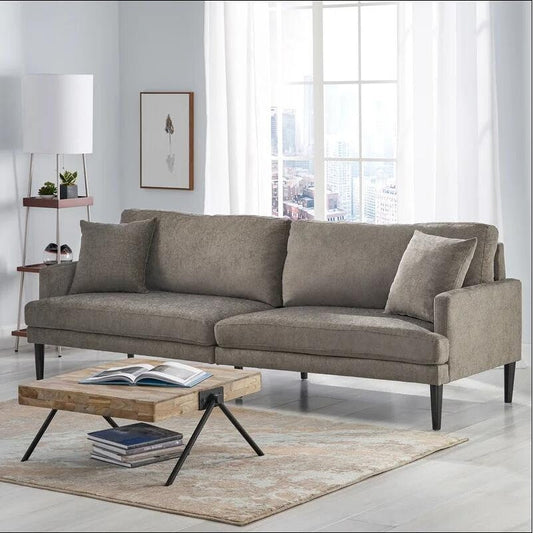 Grey Modern 96.25 Upholstered 3-seater Sofa with Wood Legs and Accent Pillows for Living Room