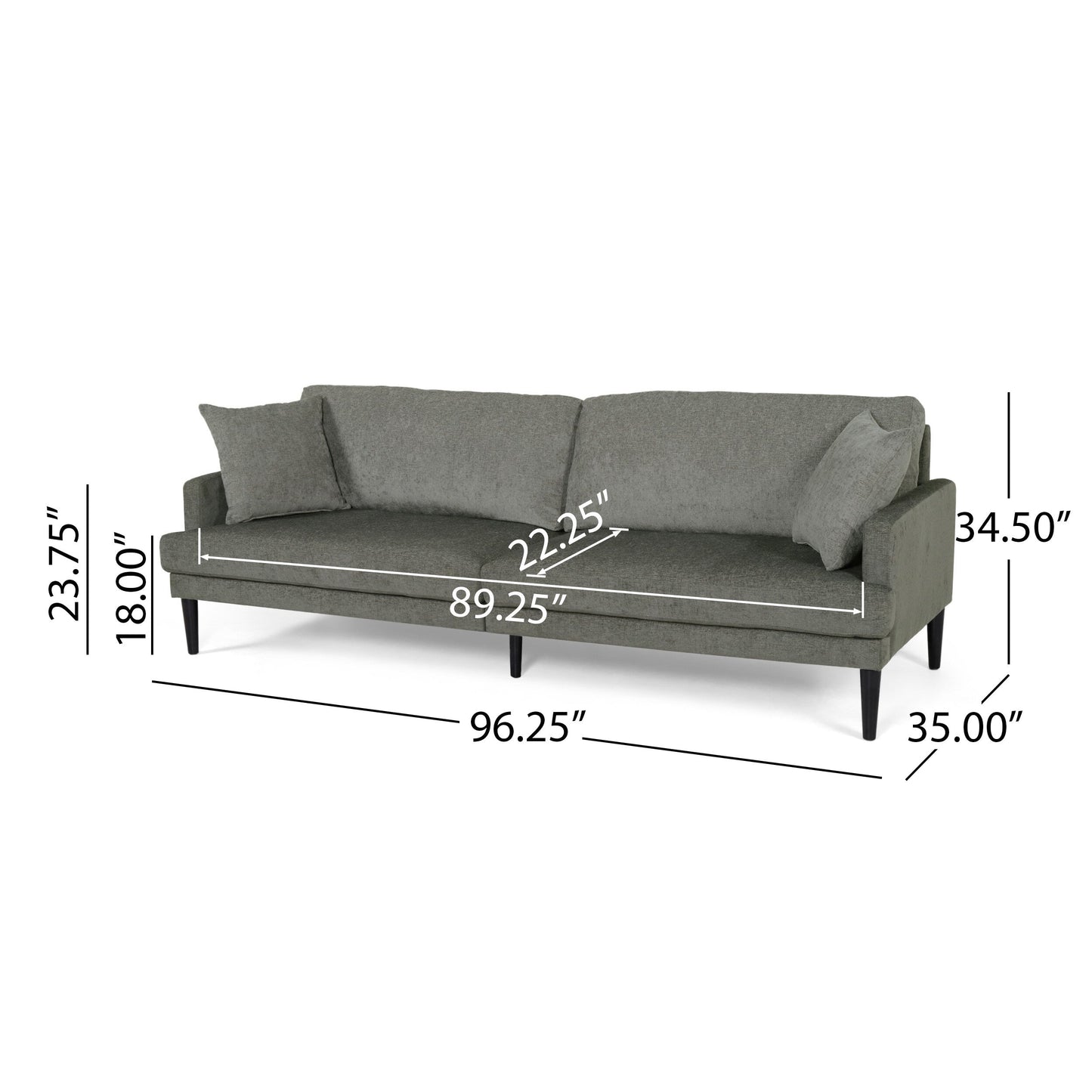 Grey Modern 96.25 Upholstered 3-seater Sofa with Wood Legs and Accent Pillows for Living Room