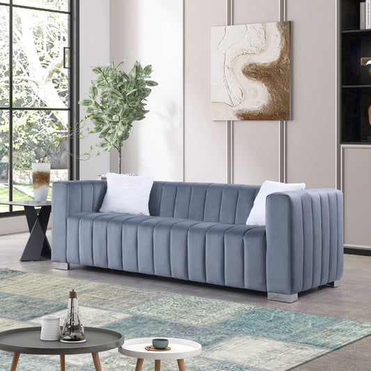 Grey Modern Velvet 85.76'' Sofa Couch, 3-Seater with Plush Foam Cushions, 2 Pillows, and Channel Upholstery