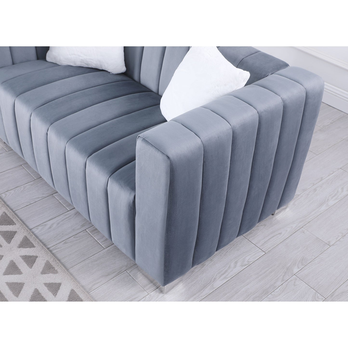 Grey Modern Velvet Sofa, 85.76'' 3-Seater with Channel Tufted Upholstery, Plush Foam Cushions, and 2 Pillows