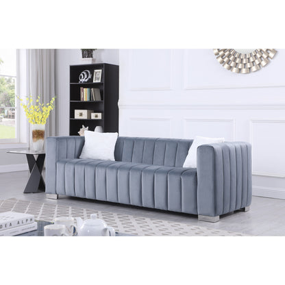 Grey Modern Velvet Sofa, 85.76'' 3-Seater with Channel Tufted Upholstery, Plush Foam Cushions, and 2 Pillows
