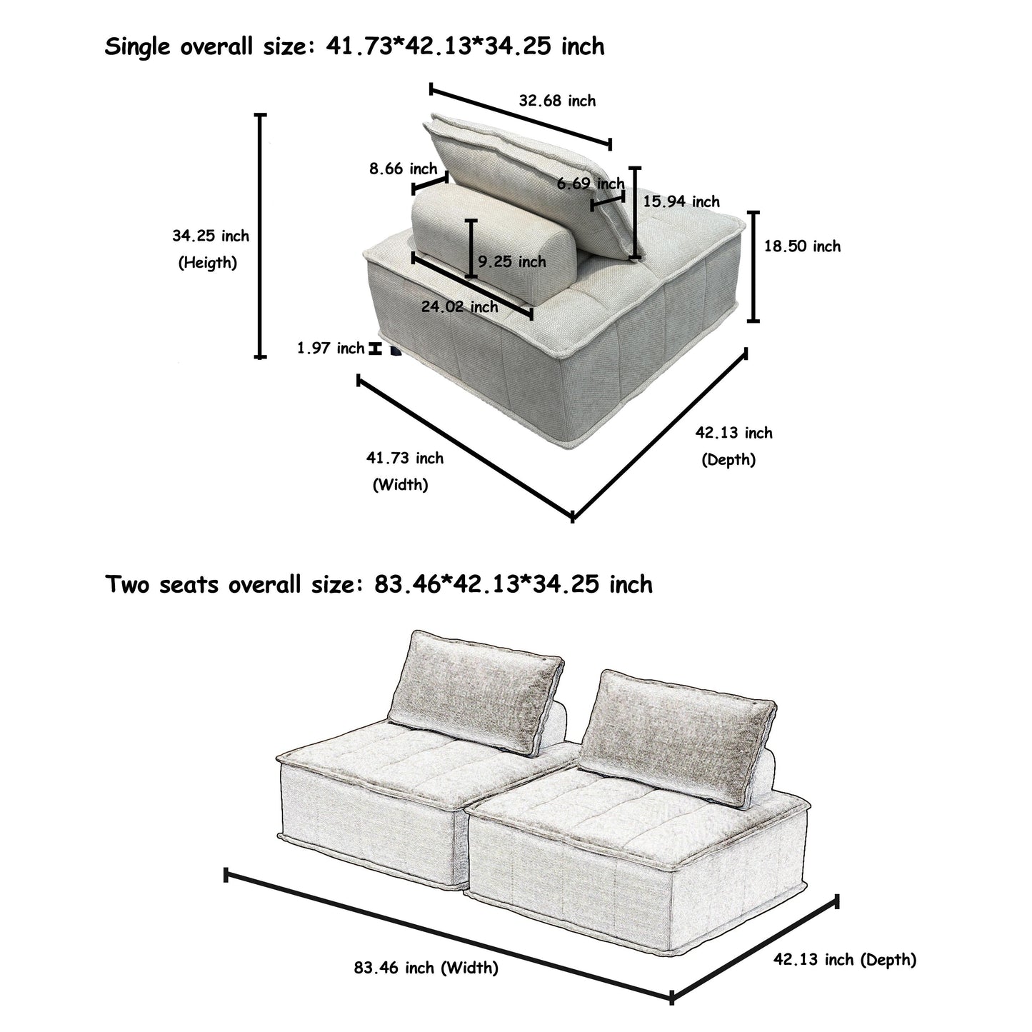 Grey Oversized 3-piece Chenille Modular Square Sofa Set with High-Density Foam Cushions, Free Combination