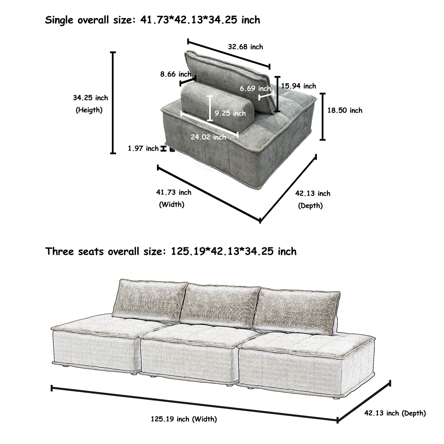 Grey Oversized 3-piece Chenille Modular Square Sofa Set with High-Density Foam Cushions, Free Combination