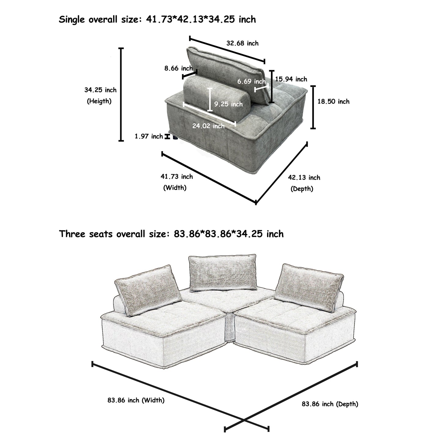 Grey Oversized 3-piece Chenille Modular Square Sofa Set with High-Density Foam Cushions, Free Combination