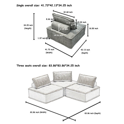 Grey Oversized 3-piece Chenille Modular Square Sofa Set with High-Density Foam Cushions, Free Combination
