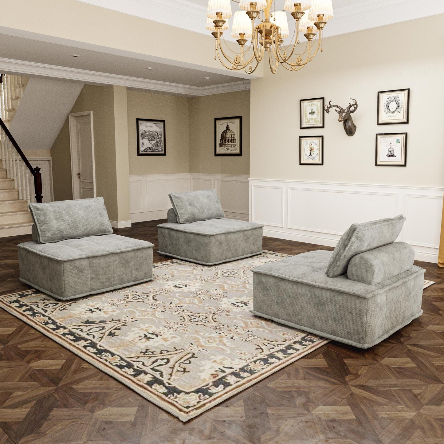 Grey Oversized 3-piece Chenille Modular Square Sofa Set with High-Density Foam Cushions, Free Combination