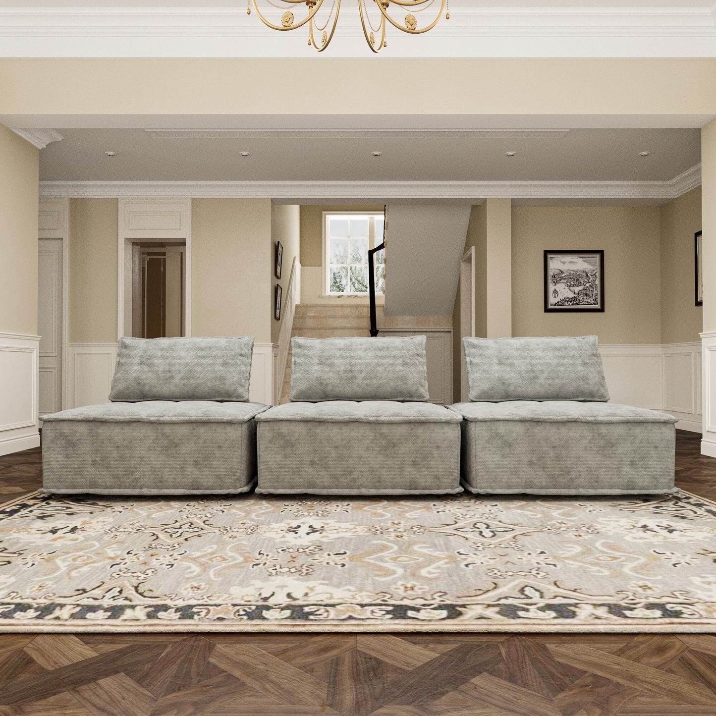 Grey Oversized 3-piece Chenille Modular Square Sofa Set with High-Density Foam Cushions, Free Combination