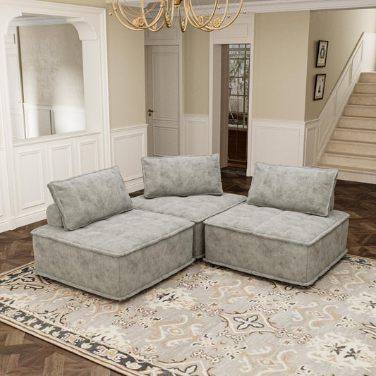 Grey Oversized 3-piece Chenille Modular Square Sofa Set with High-Density Foam Cushions, Free Combination