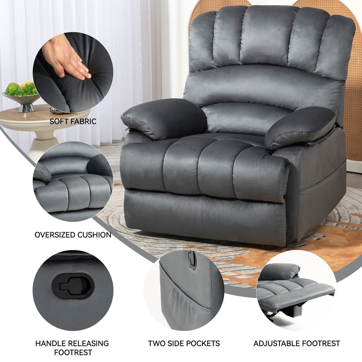 Grey Oversized Fabric Manual Recliner with Side Pockets, Adjustable Footrest
