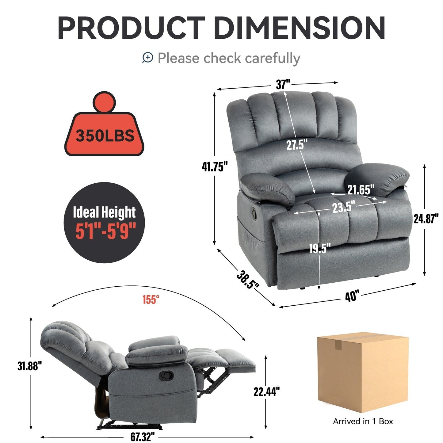 Grey Oversized Fabric Manual Recliner with Side Pockets, Adjustable Footrest