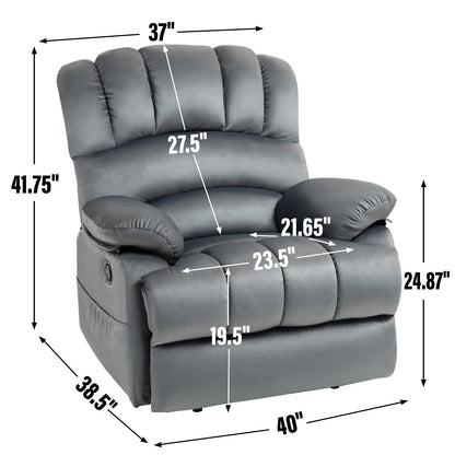 Grey Oversized Fabric Manual Recliner with Side Pockets, Adjustable Footrest
