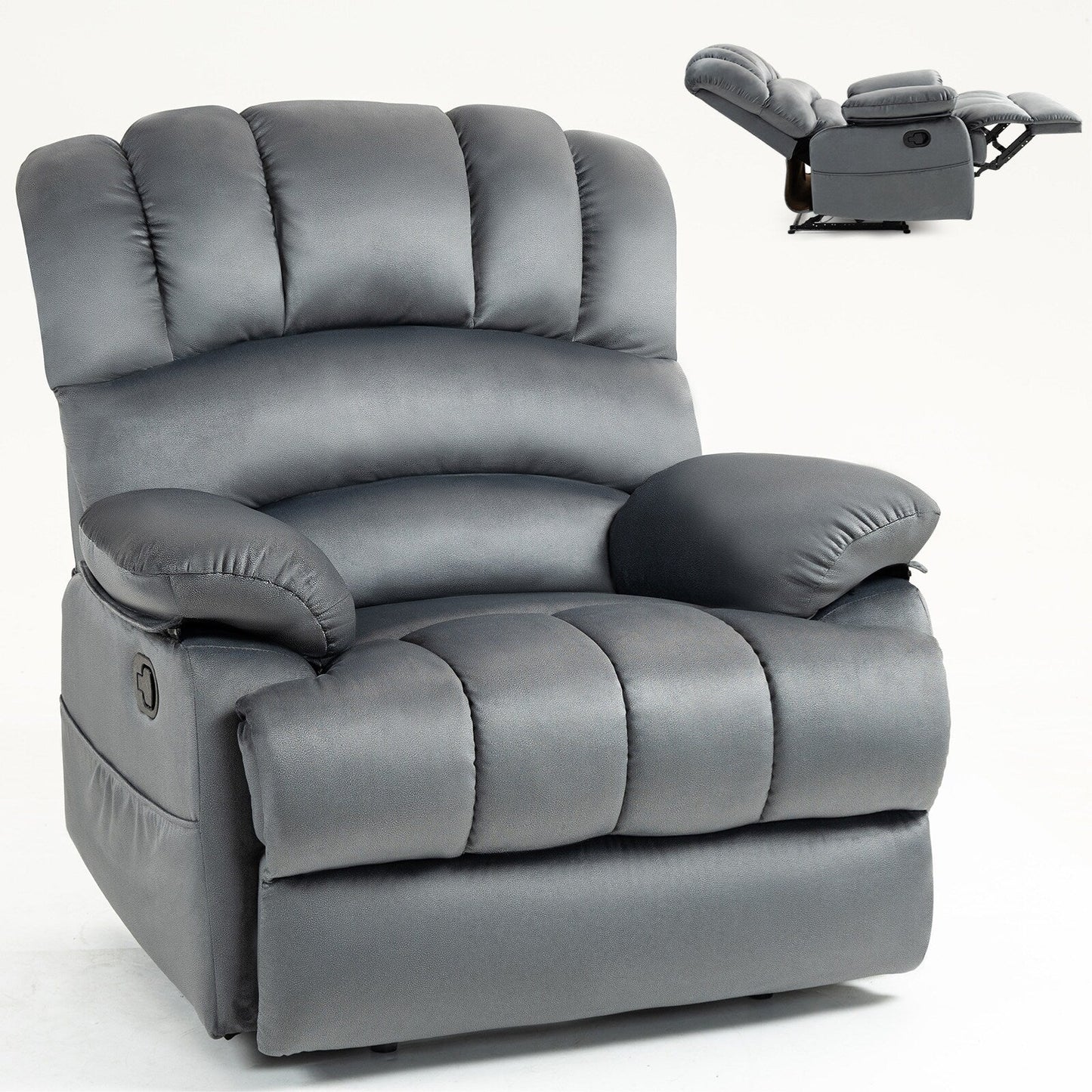 Grey Oversized Fabric Manual Recliner with Side Pockets, Adjustable Footrest