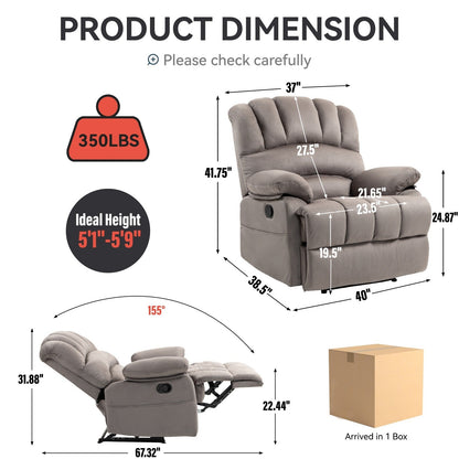 Grey Oversized Fabric Upholstered Manual Recliner with 2 Side Pockets and Adjustable Footrest