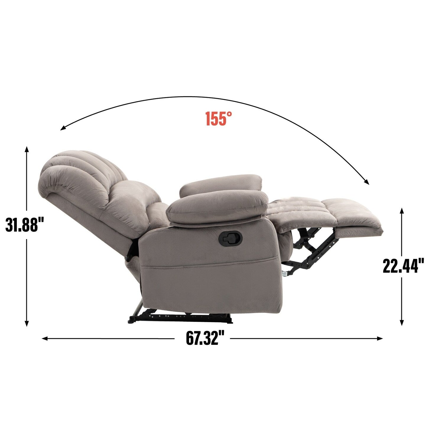 Grey Oversized Fabric Upholstered Manual Recliner with 2 Side Pockets and Adjustable Footrest
