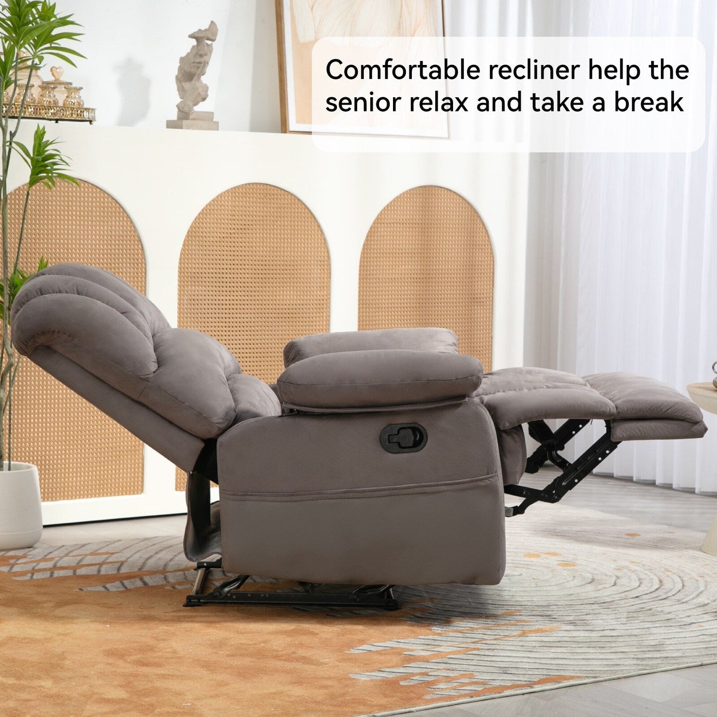 Grey Oversized Fabric Upholstered Manual Recliner with 2 Side Pockets and Adjustable Footrest