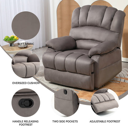 Grey Oversized Fabric Upholstered Manual Recliner with 2 Side Pockets and Adjustable Footrest