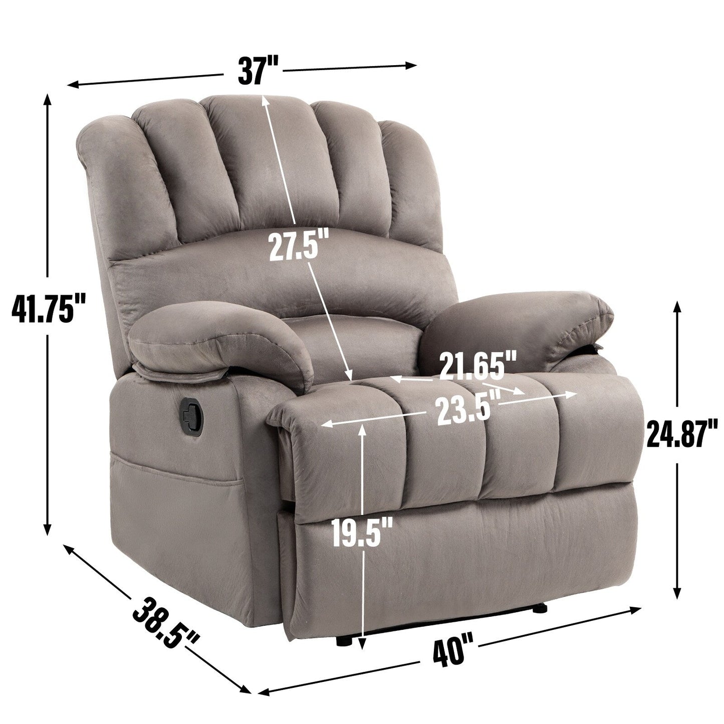 Grey Oversized Fabric Upholstered Manual Recliner with 2 Side Pockets and Adjustable Footrest