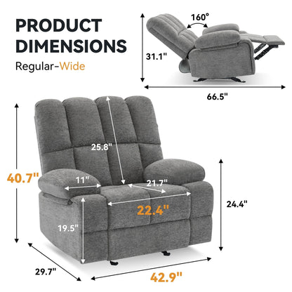 Grey Oversized Manual Rocking Recliner with 160Â° Recline
