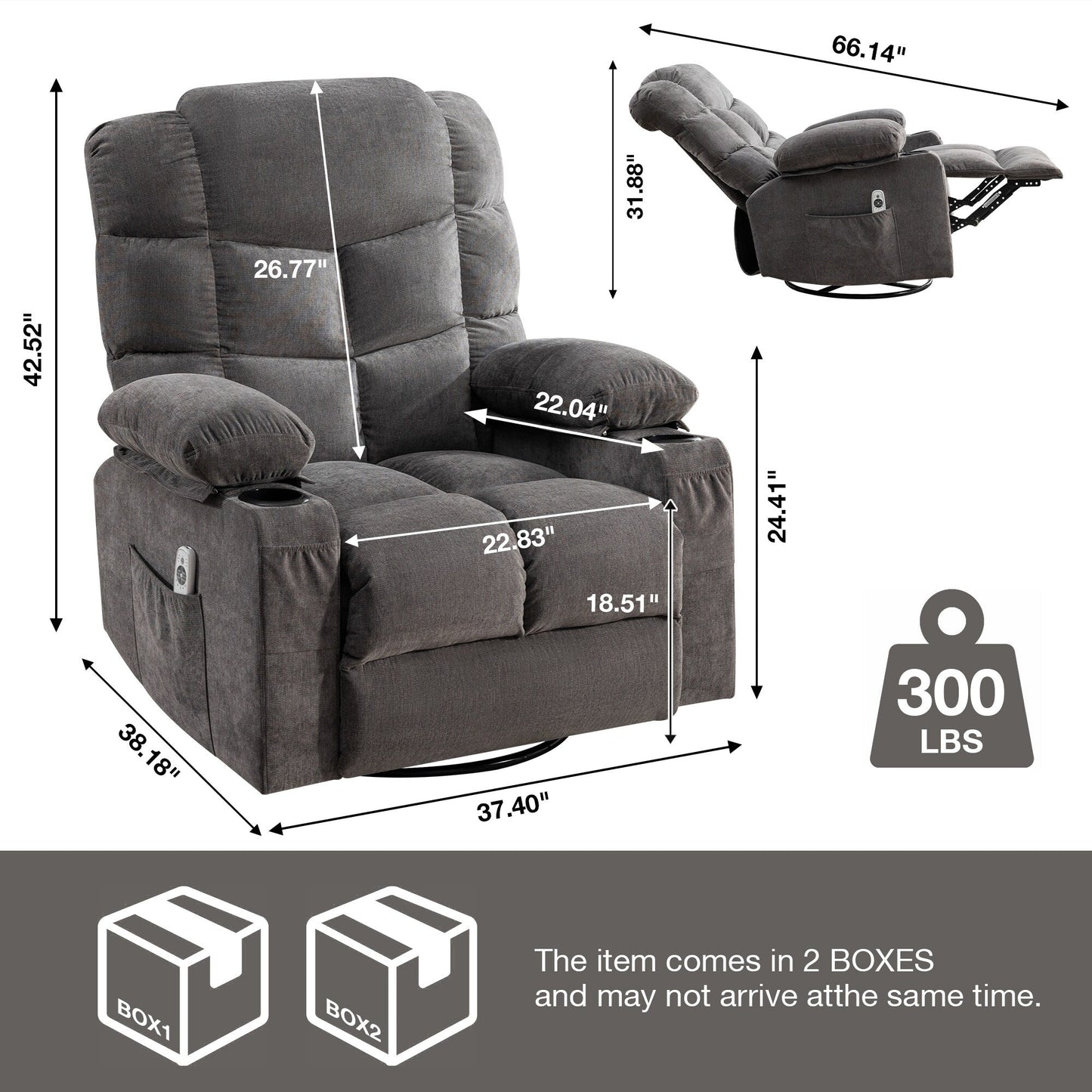 Grey Oversized Recliner with Heat and Massage, 150Â° Recline, 30Â° Rocking, USB Charging, and 2 Cup Holders