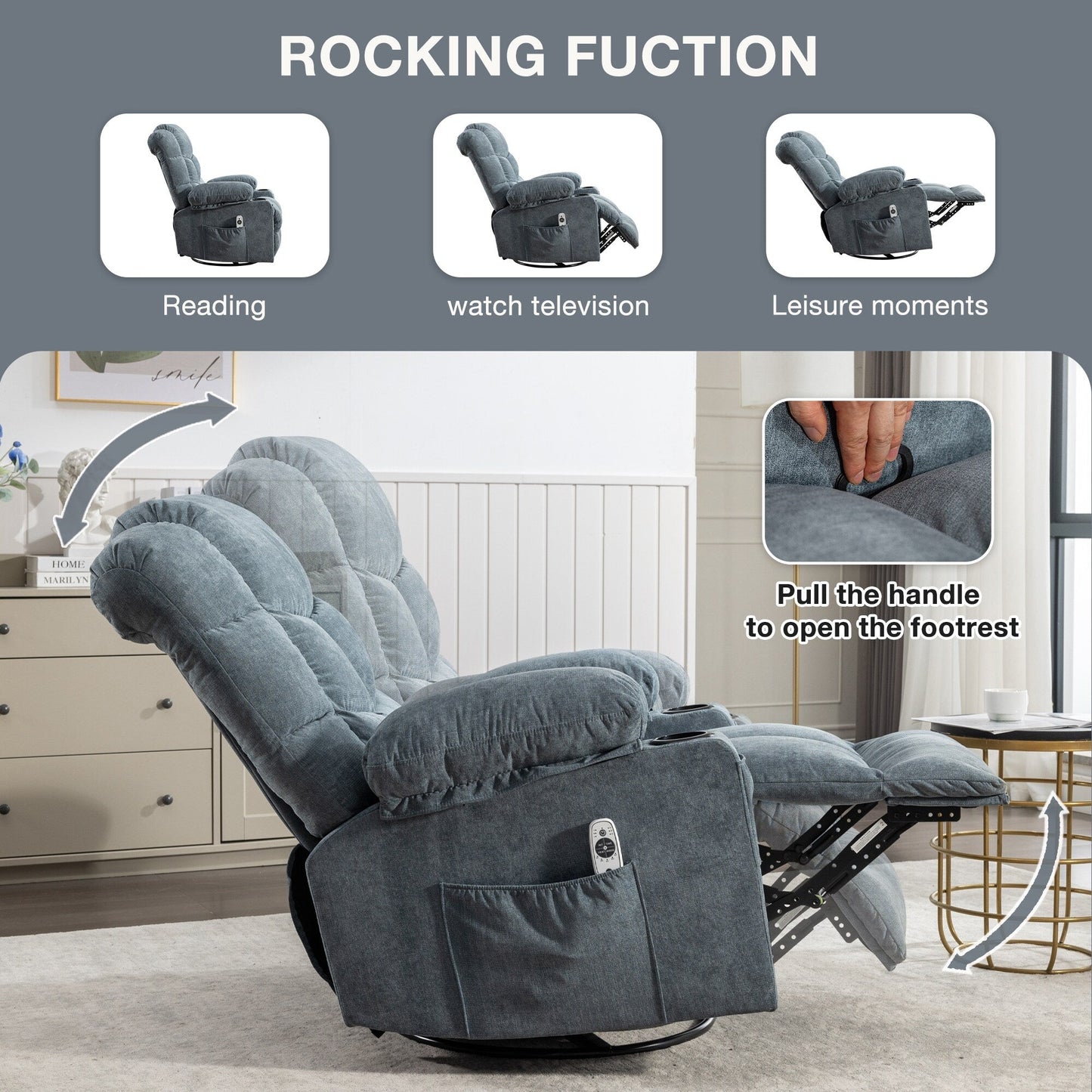 Grey Oversized Recliner with Heat and Massage, 150Â° Recline, 30Â° Rocking, USB Charging, and 2 Cup Holders