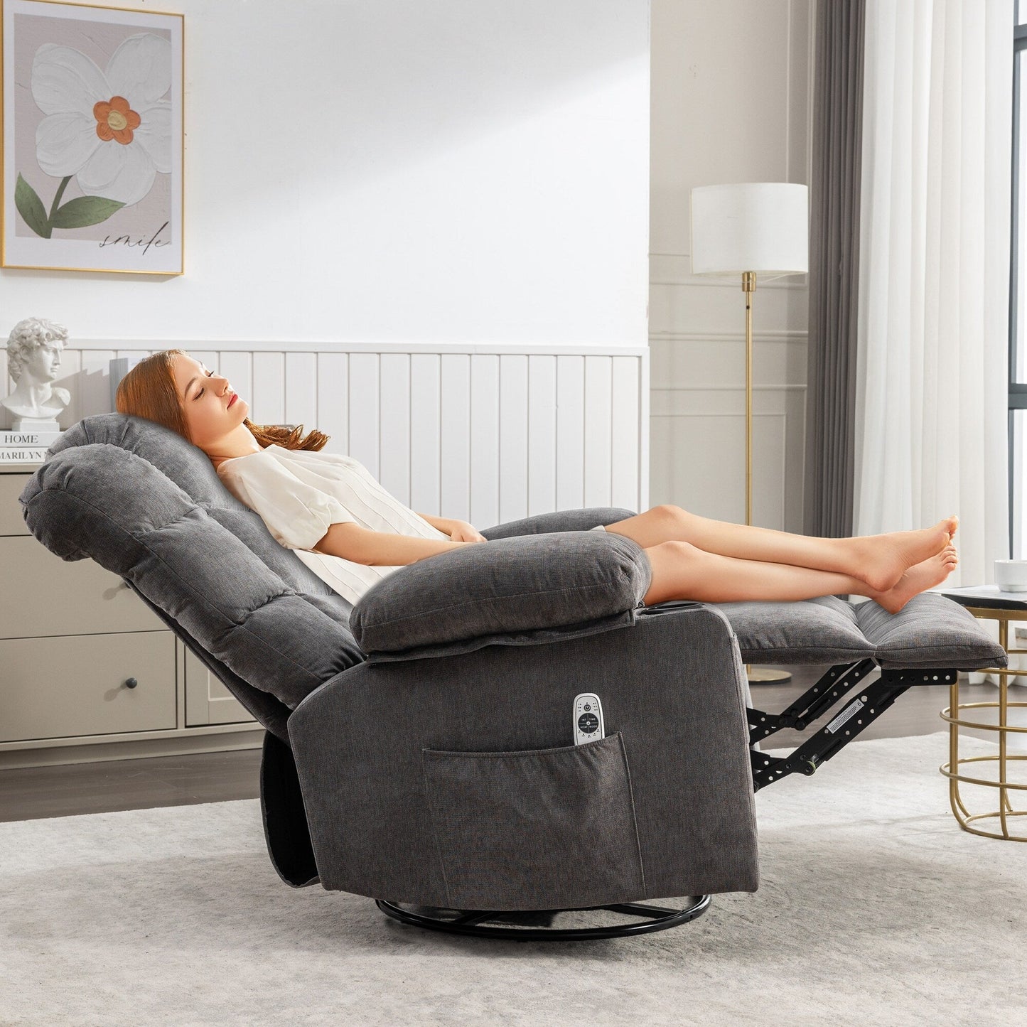 Grey Oversized Rocker Recliner Chair with Vibration Massage, Heating, USB Port, Dual Cup Holders, and Side Pockets