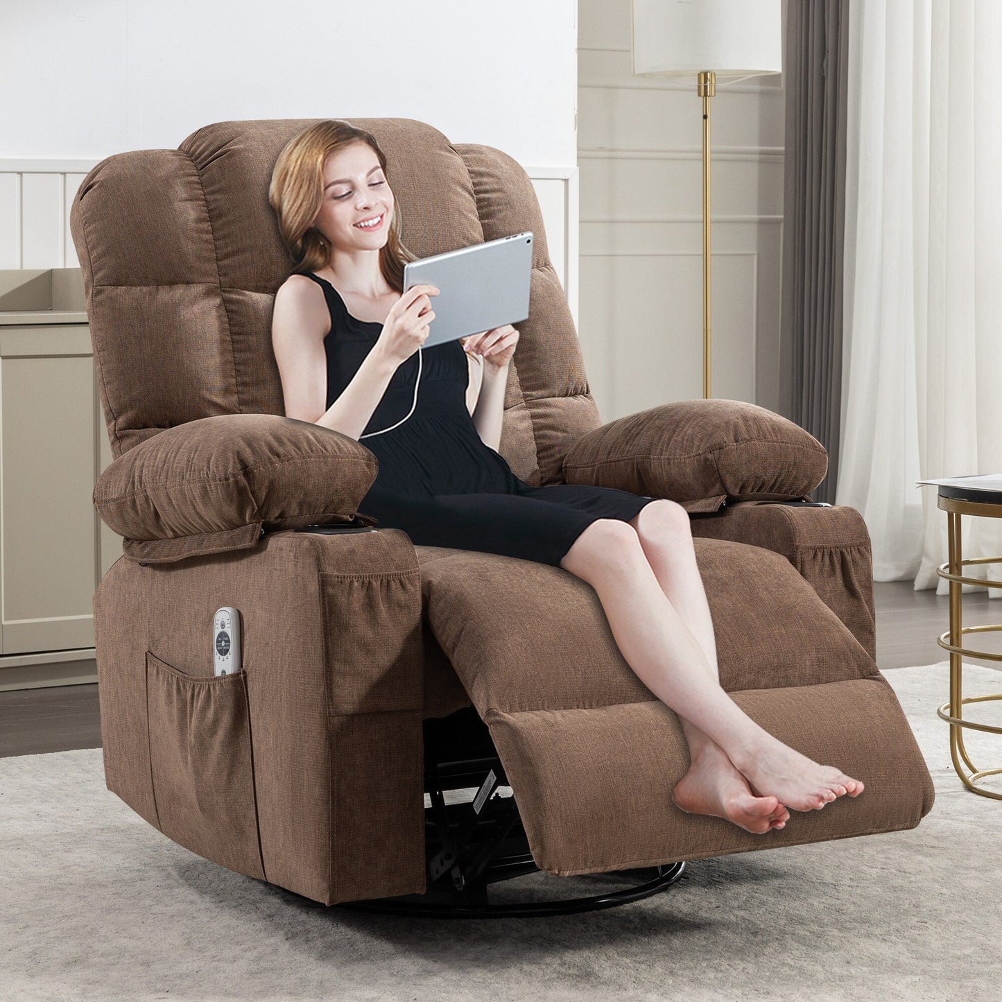 Grey Oversized Rocker Recliner with Heat & USB Charging